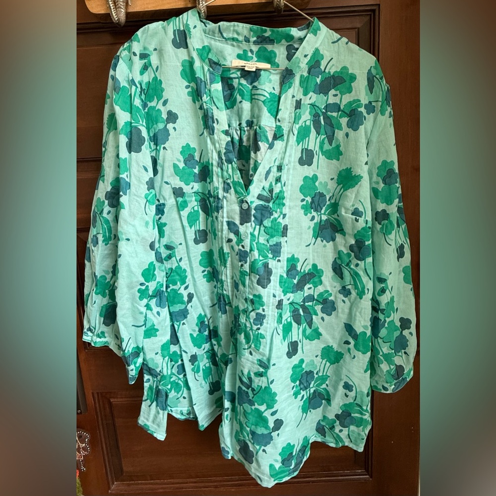Merona Plus Green Long Sleeve Cotton Blouse with Buttons & Mandarin Collar